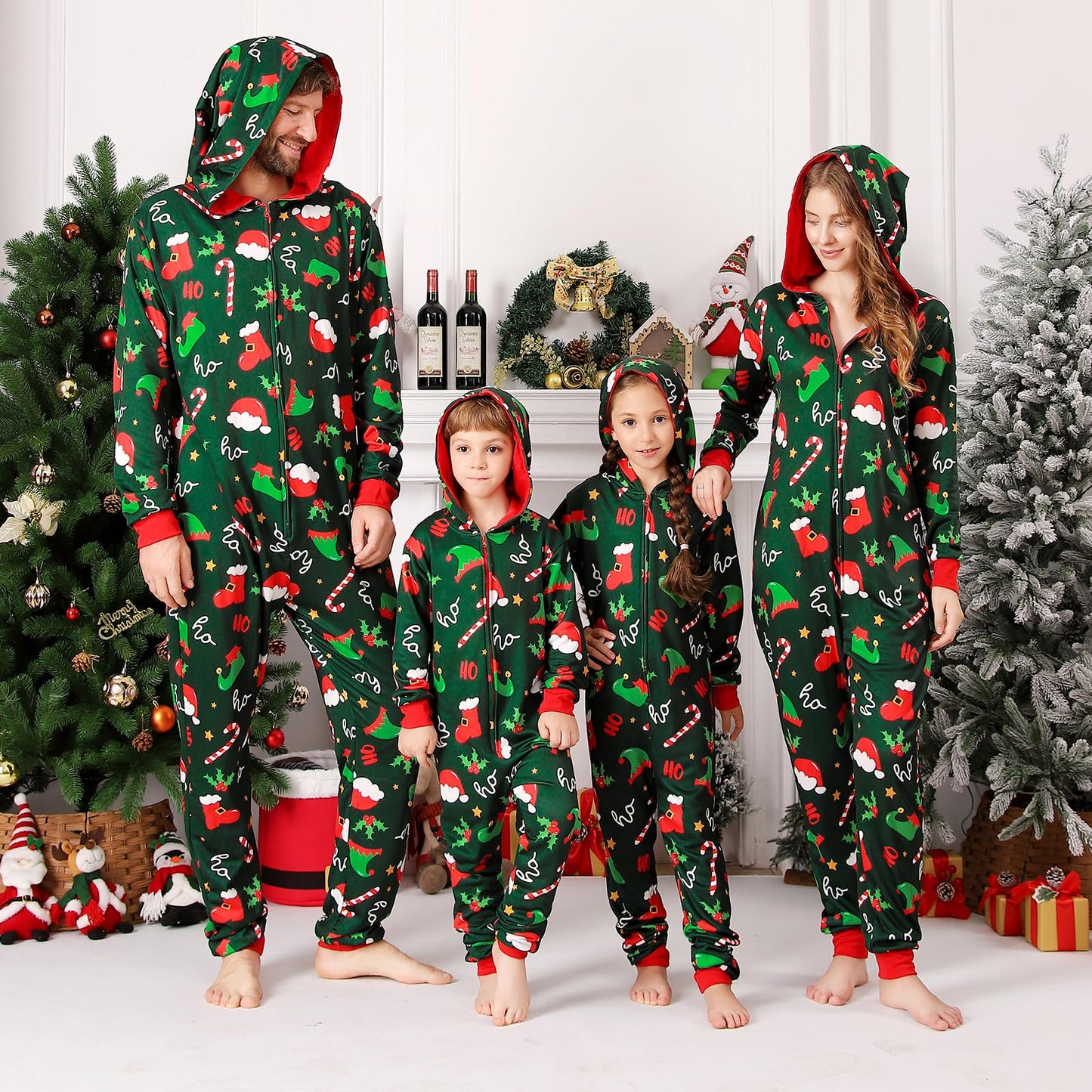 ANGELGGH Family Matching Christmas Onesie Pajamas, Vacation Cute Printed One Piece Pajamas, Xmas Hooded Holiday Sleepwear (Green Elf Hat, 8-10)