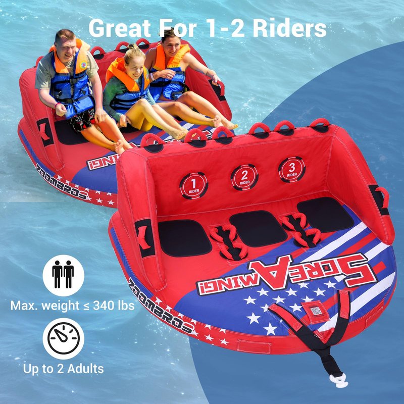 ZOOMBROS Towable Tubes for Boating 2-3 Person, Front/Back Tow Points Sofa Style Boat Tubes and Towables, Holds 340-510 lbs Large Capacity, Premium Nylon Cover for Adults