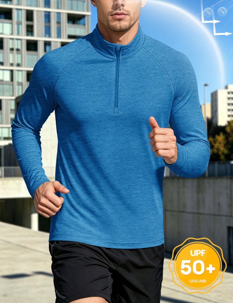MAGCOMSEN Quarter Zip Pullover Men Long Sleeve Running Shirt Lightweight Athletic Quick Dry Hiking Work Shirts Summer Sea Blue, XL