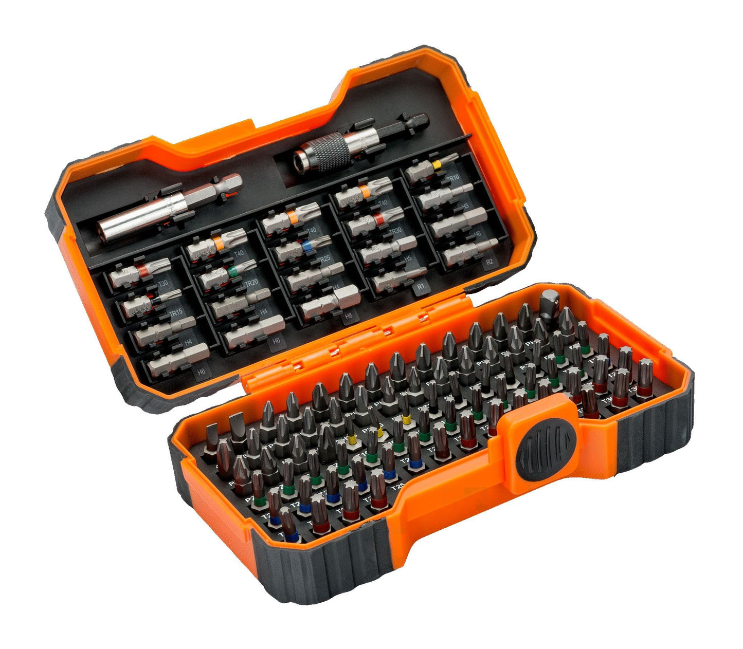 Bahco 59/S100BC 100 pcs bit set for Slotted, Phillips, Pozidriv, Hexagon, Robertson and coloured TORX®,TORX® Tamper, head screws
