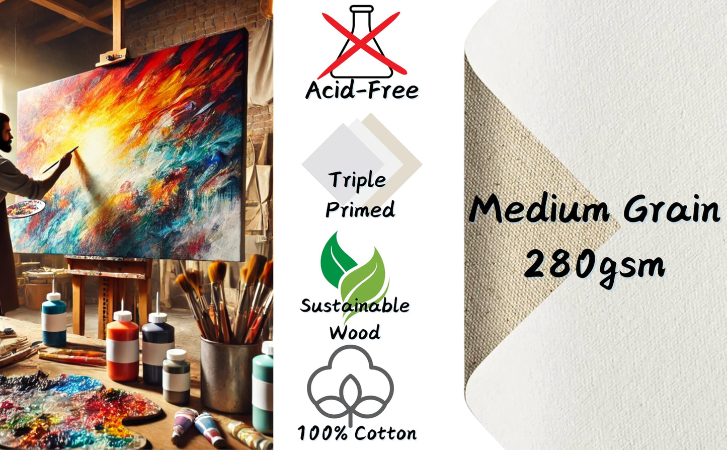 Exerz 30x30cm Framed Canvas 5pk - 1.7cm Pre-Stretched Canvas Artist Blank Square/ 280GSM 100% Cotton/Triple Primed/Acid Free/Medium Grain/Professional Acrylic Paint, Oil Paint