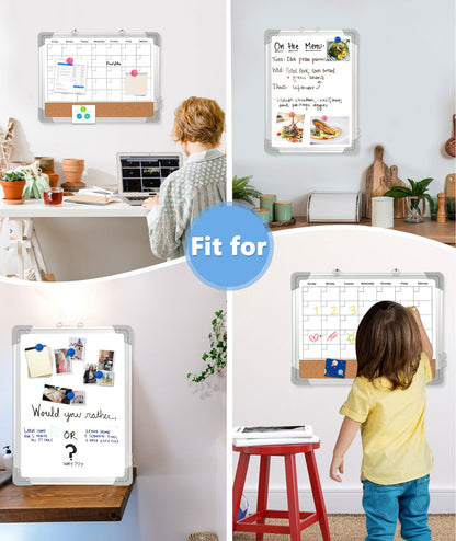 Dry Erase Calendar & Cork Board, 16" x 12" Double-Sided Whiteboard Calendar Cork Board Combo for Wall, Hanging Monthly Calendar Board with Markers, Magnets Pins, Eraser