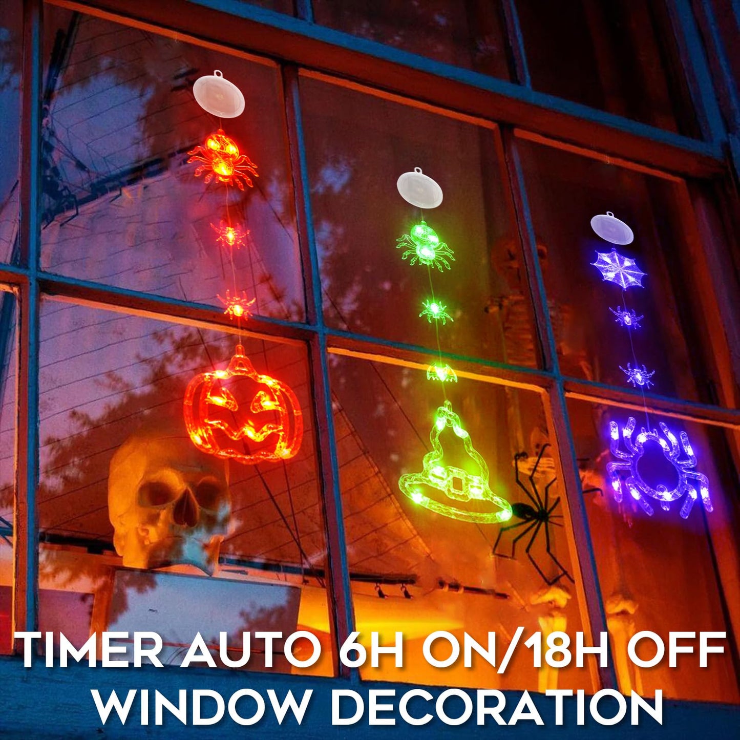 suddus 3 Pack Halloween Lights Battery Operated with Timer, Orange Pumpkin Violet Spider Green Witch Hat Halloween Window Lights with Suction Cup for Home Indoor Party Decor