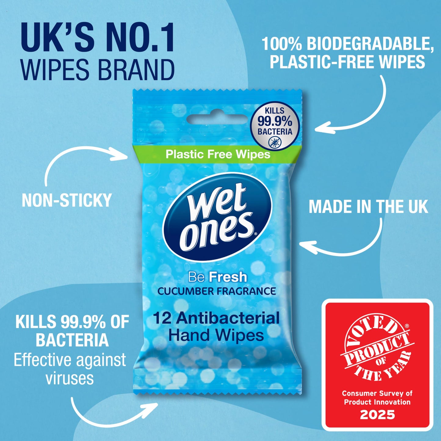 Wet Ones – Be Fresh – Plastic Free Antibacterial Pocket Size Hand Wipes - 144 wipes – 12 packs x 12 wipes