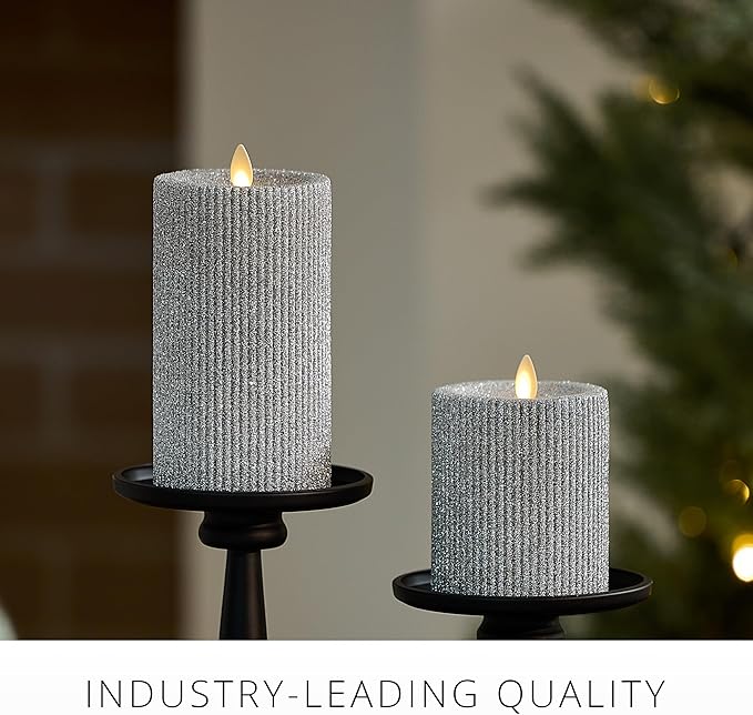 Luminara Brilliant Silver Glitter Ribbed Flameless LED Candle Moving Flame Pillar, Real Wax, Flat Top, Timer (3.25" x 6.5")