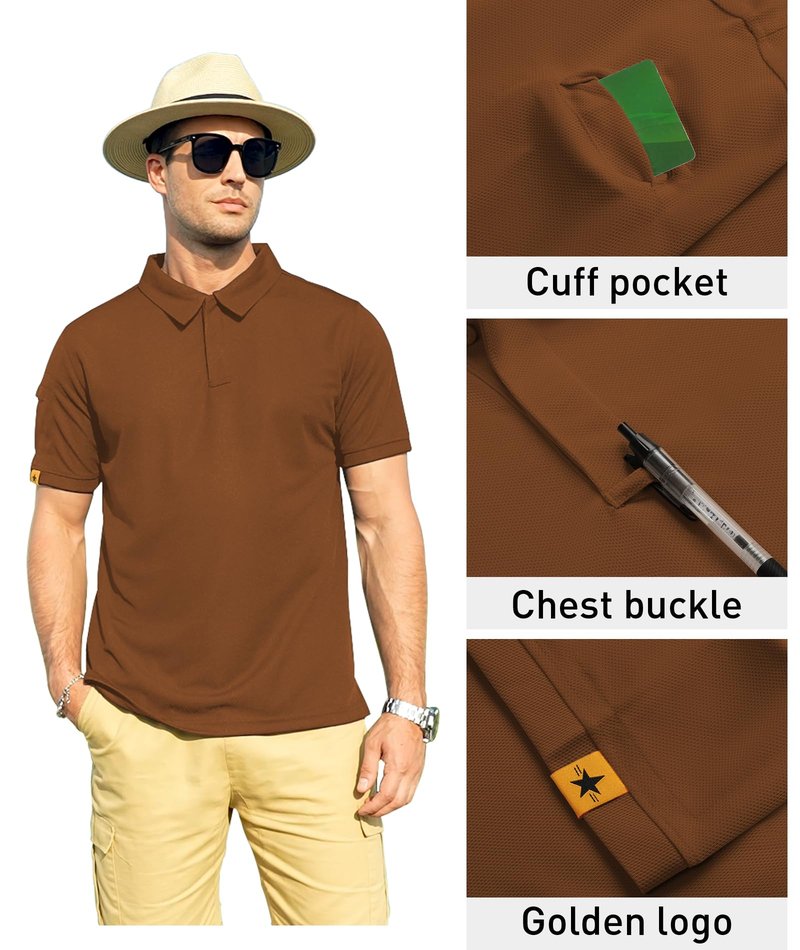 ZITY Mens Polo Shirt Short Sleeve Sports Tactical T-Shirt Athletic Golf Polos Daily Casual Stylish Collared Shirts for Men Light Brown X-Large
