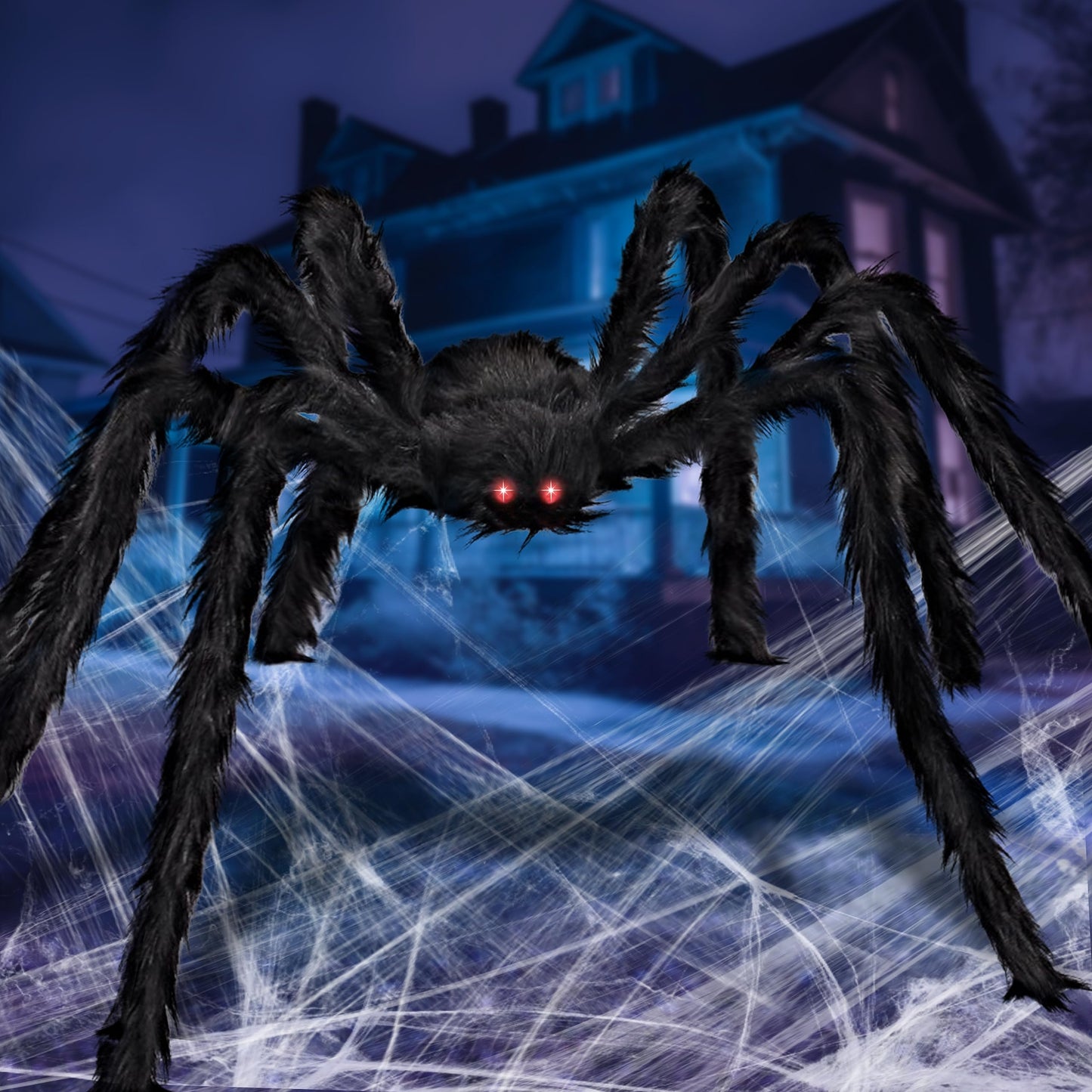 JOYIN 6.5ft Halloween Spider Outdoor Decorations, Light-up LED Eyes Scary Giant Fake Large Hairy Spider Props for Halloween Yard Lawn Decoration, Indoor Party Supplies and Outside Decor, Black