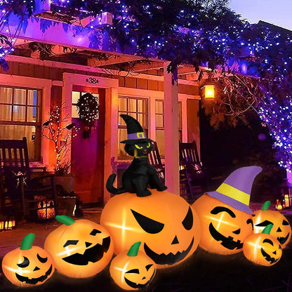 BRDJade 8FT Long Halloween Inflatables Pumpkin Outdoor Decorations, 7 Blow Up Pumpkins Inflatables with Witch Hat & Black Cat Built-in LED Lights for Halloween Party Yard Garden Lawn Decorations