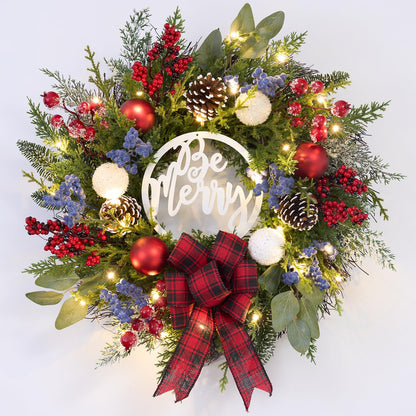 Prelit Christmas Wreath for Front Door Outside,22 inch Be Merry Wreath with red Black Buffalo Plaid Bow,Lighted Farmhouse Christmas decoration-30 LED Light/Timer,Winter Door Wreath, Porch Decor