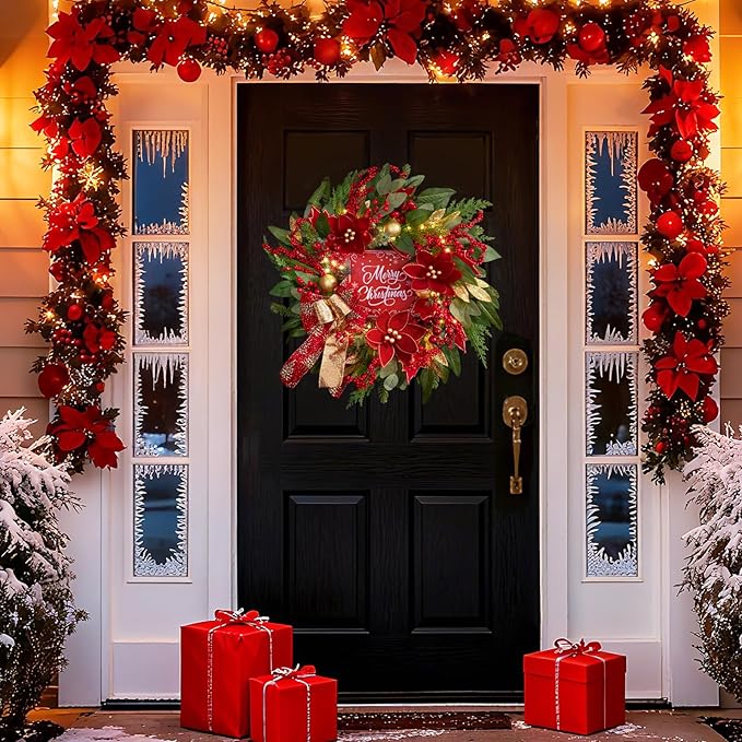 Christmas Wreath with Lights, 24 Inch Lighted Christmas Wreath for Front Door, Winter Wreath with LED Lights, red Berries, Pinecones, Gold Ball, Red Bow, Merry Christmas Sign for Indoor or Outdoor