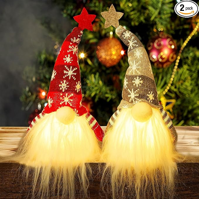 Juegoal 11" Lighted Christmas Gnome Santa, Light Up Elf Holiday Present, Battery Operated Winter Tabletop Christmas Decorations, 2 Set
