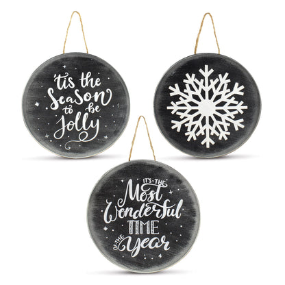 AuldHome Design Chalkboard Sign Ornaments (3 Pack); Jumbo Blackboard Style Round Metal Christmas Signs, Each 8-Inch Diameter
