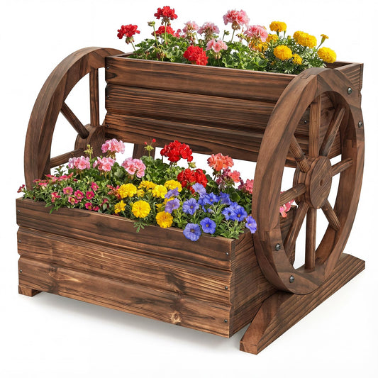 Giantex Wooden Wagon Planter Box, Garden Planter with Drainage Holes & Wheels for Flowers Herbs Vegetables, Indoor Outdoor Decorative Flower Cart for Patio Garden Balcony (1)