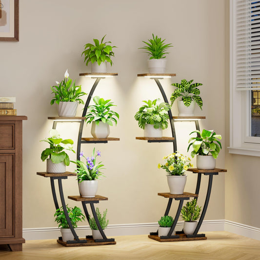 BACEKOLL Plant Stand Indoor with Grow Lights, Plant Shelf Indoor 2 Pack, Corner Plant Stands for Indoor Plants, 6 Tiered Plant Flower Display Shelf, Half-Moon Plant Rack for Home, Living Room, Black