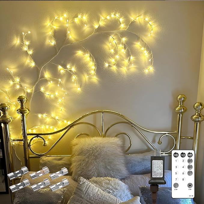 Willow Vine Lights Bedroom Decor: 7.5Ft Christmas Decorations Flexible Enchanted Fairy Lights with Remote Control, 144 LEDs Twinkle Tree Lighted White Branches for Wall Living Room