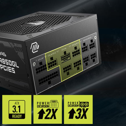 MSI MAG A850GL PCIE5 Power Supply Unit, 850W, 80 Plus Gold, Fully Modular, ATX 3.0, PCIe 5.0 GPU Support, Black Flat Cables, 7 Year Warranty