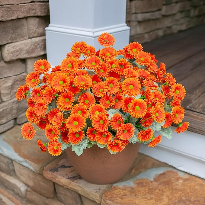 HyeFlora Dahlia Artificial Fall Flowers for Outdoors Autumn Decoration, 6 Bundles Fake Mums Orange Faux Flowers Plants Realistic UV Resistant Silk Flowers for Outside Planter Front Door Yard Garden