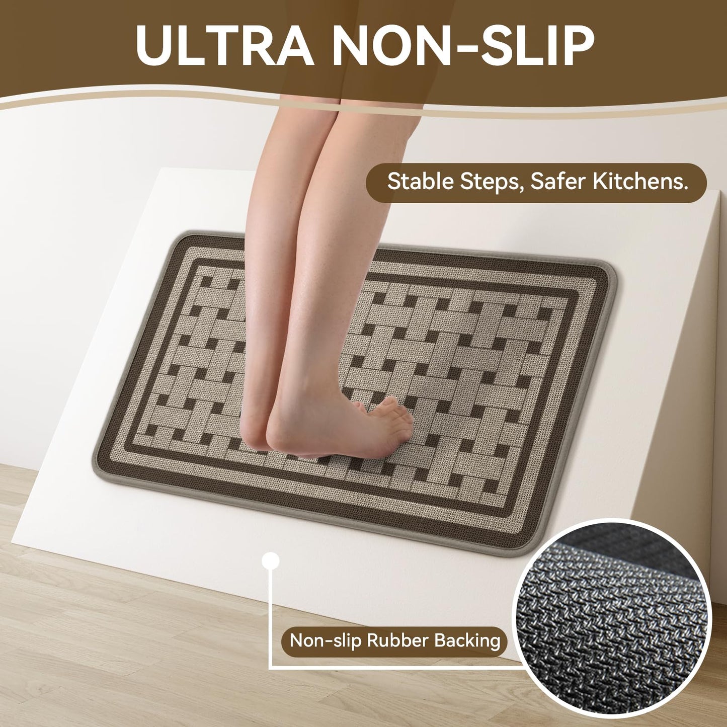 QiCaiJia Kitchen Mats for Floor, 17''x30'' Washable Absorbent Non Slip Kitchen Mat, Braided Kitchen Runner Rug, Kitchen Sink Rug, Brown