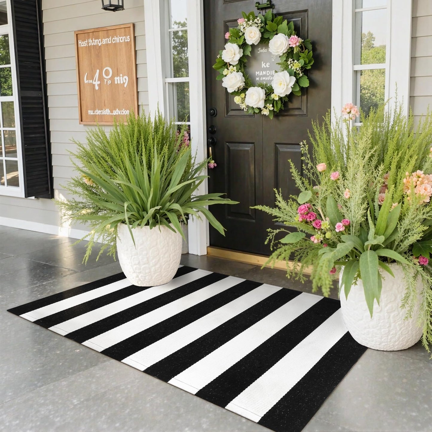 Collive Black and White Outdoor Striped Rug 24"x 51", Cotton Woven Fall Front Porch Rug Decor, Washable Farmhouse Layered Welcome Mat Outdoor for Kitchen Entryway Entrance Halloween