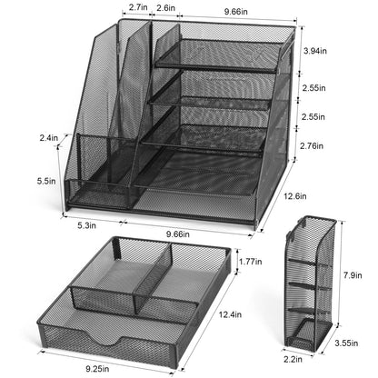 GALASALA Mesh Desk Organizer, 5 Tier Paper Letter Tray with Extra Vertical File Sorter, Sliding Drawer and Pen Holders for Desk Accessories Office Supplies, Black