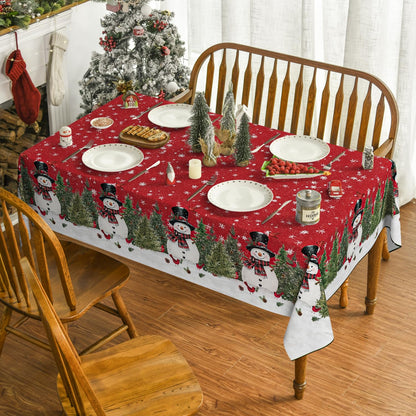 Horaldaily Christmas Tablecloth 60×84 Inch Rectangular, Winter Snowman Trees Red Washable Seasonal Table Cover for Party Picnic Dinner Decor