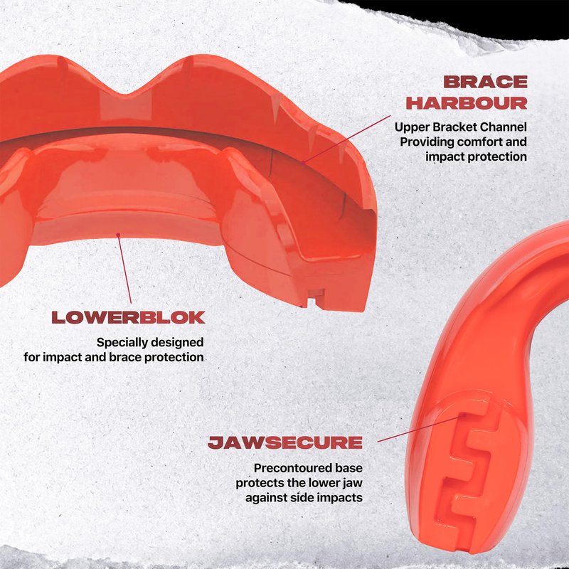 SAFEJAWZ Mouth Guard for Braces, Upper & Lower Protection Mouthguard with Case, Easy Fit Remoldable Mouthpiece for Football, Boxing, Lacrosse, MMA, Basketball & All Contact Sports (One Size, Red)