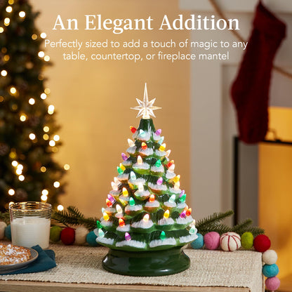 Best Choice Products 15in Ceramic Christmas Tree, Pre-lit Hand-Painted Tabletop Holiday Tree, 2 Star Toppers, 64 Lights - Flocked w/Multicolored Bulbs