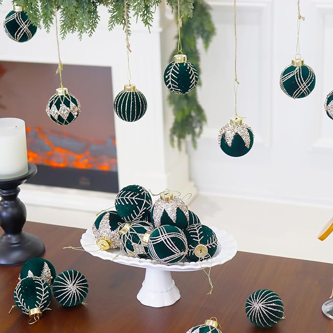 4inch Velvet Ornaments for Christmas Tree, 9PCS Glitter Flocked Christmas Ornaments Decorations Balls Set Decor Green