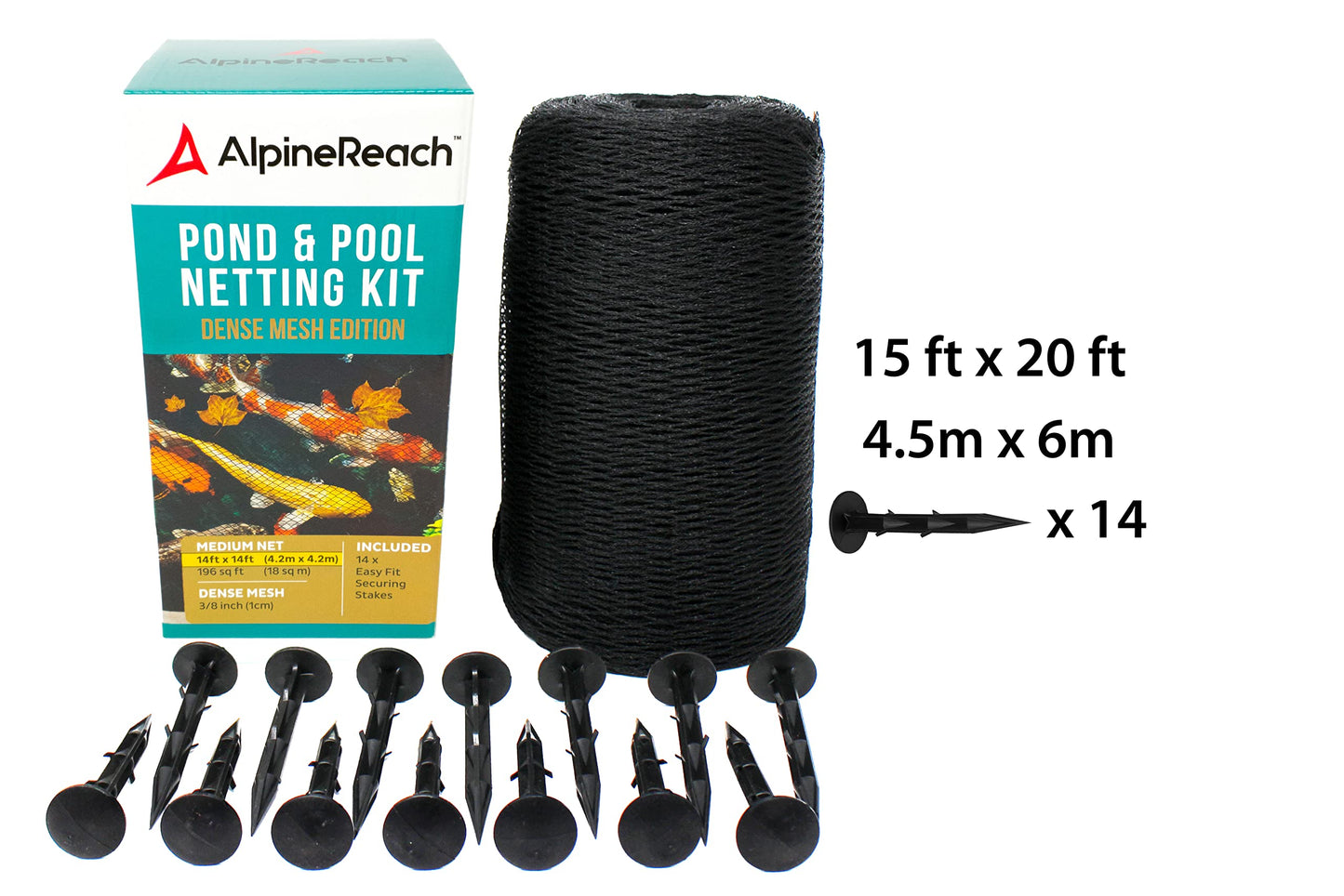 AlpineReach Koi Pond Netting Kit 4.5m x 6m Black Heavy Duty Woven Fine Mesh Net Cover for Leaves - Protects Koi Fish from Blue Heron Birds Cats Predators UV Protection - Reusable & Stakes Included