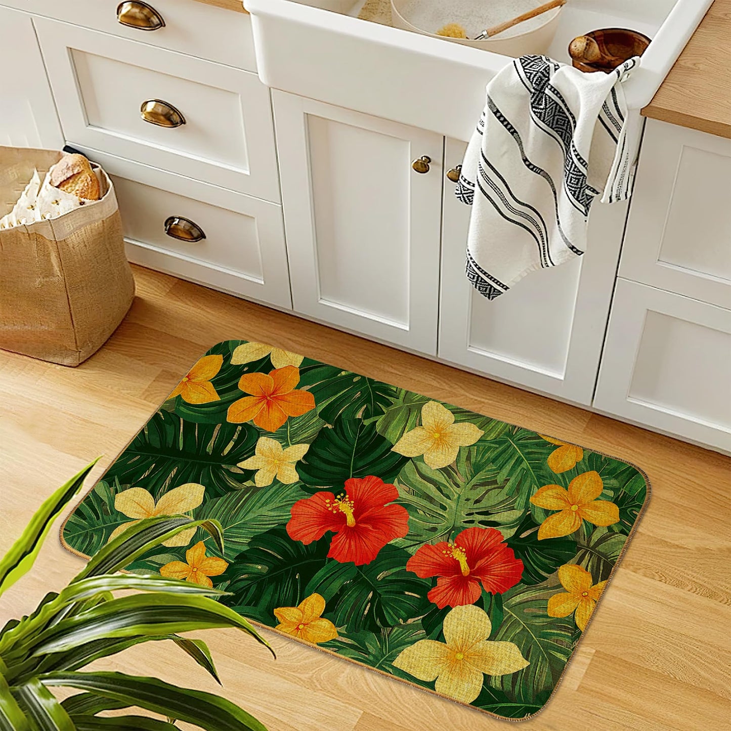 Tropical Palm Leaves Indoor Outdoor Door Mat,Hibiscus Flower Front Floor Mat Non-Slip Absorbent Low-Profile Washable Inside Entrance,Linen Sturdy Soft Entry Doormat for Entryway