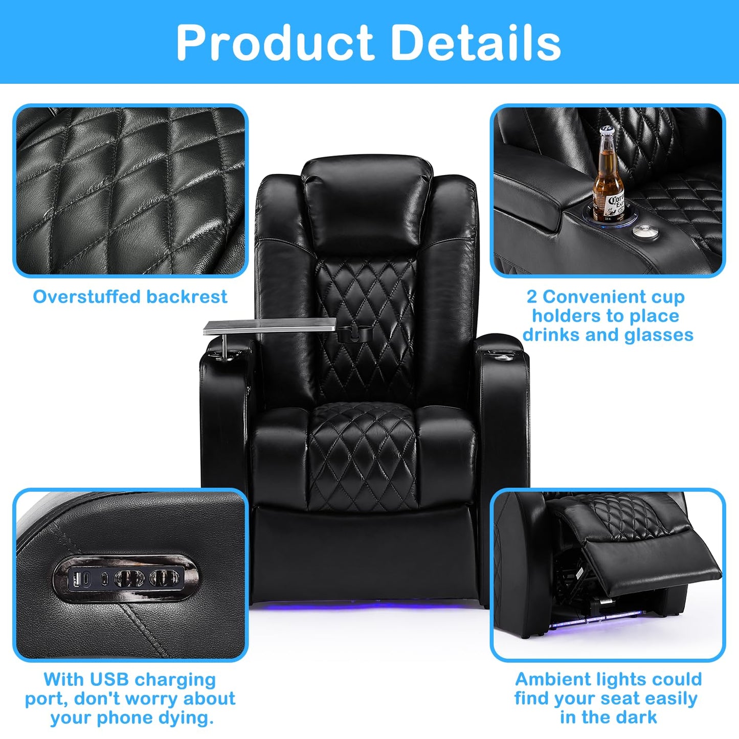 Weilianda Home Theater Seating Top Grain Leather Recliner Chair Power Headrest and Recline Movie Seats Gaming Sofa with Tray Table Type-C USB Charge Cup Holders Row of 6 Black