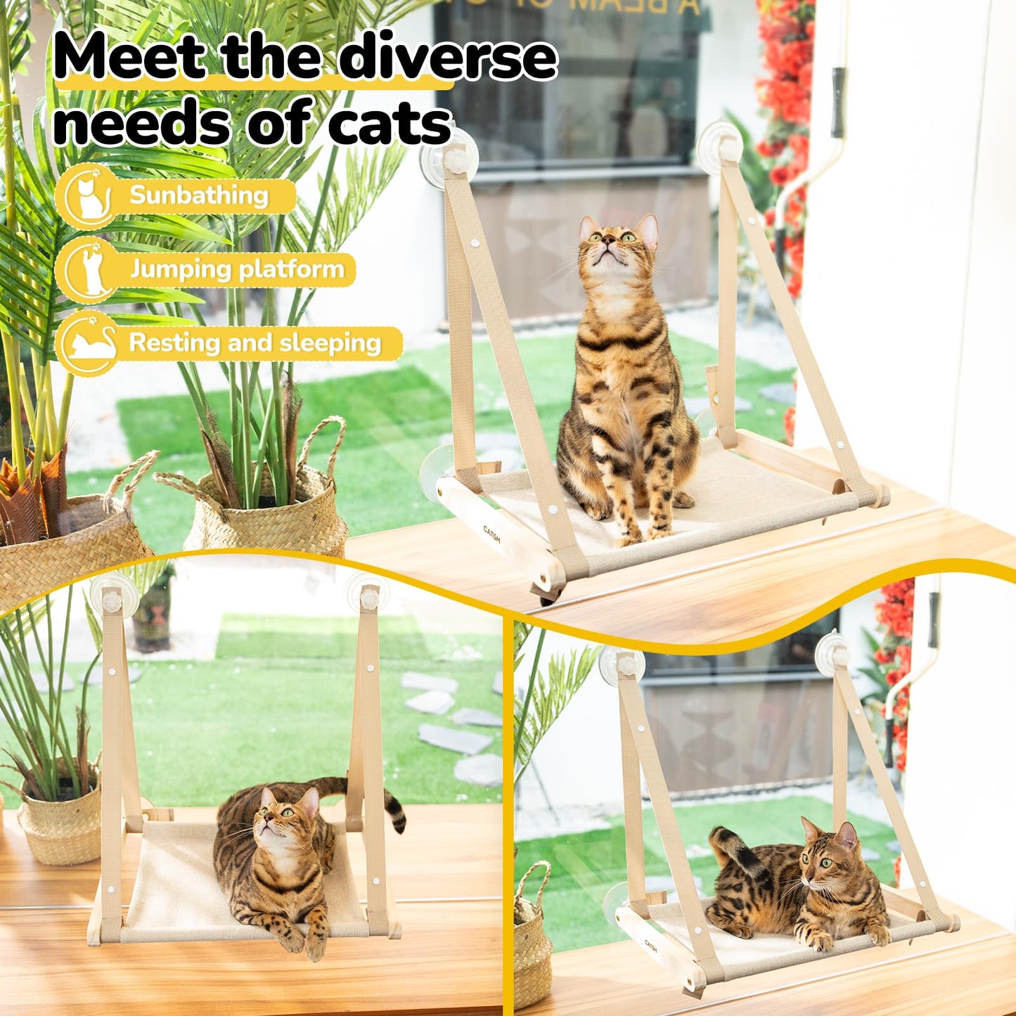 Cat Window Perch - Foldable Cat Hammock for Window, Soft Seat Machine Washable, Solid Wood Frame, 4 Suction Cups, Cats Window Hammock Load Weight Up to 40lbs