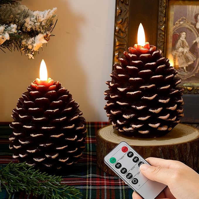 Christmas Flameless Pinecone Candles with Remote,Real Wax Battery Operated Candles, Flickering Led Pine Cone Candle for Xmas Holiday Winter Home Decoraction, 2 Pack