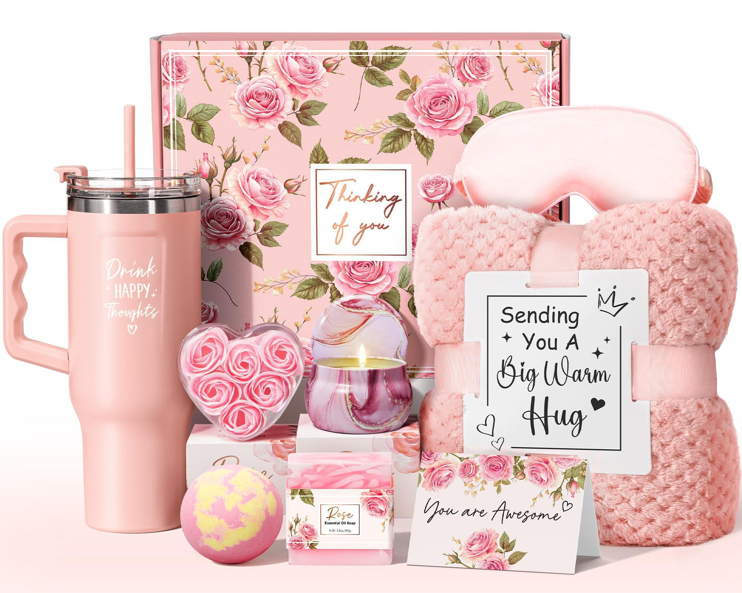 Birthday Gifts for Women Self Care Get Well Soon Gifts, Rose Relaxing Spa Gifts Box Care Package Basket w/ Luxury Flannel Blanket 40 oz Tumbler, Christmas Gifts Set for Mom Her Wife Girlfriend Sister