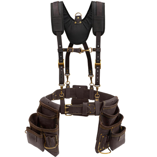 OX Pro Oil‑Tanned Leather Carpenter Tool Belt with Padded Suspenders & Dual Hammer Loops