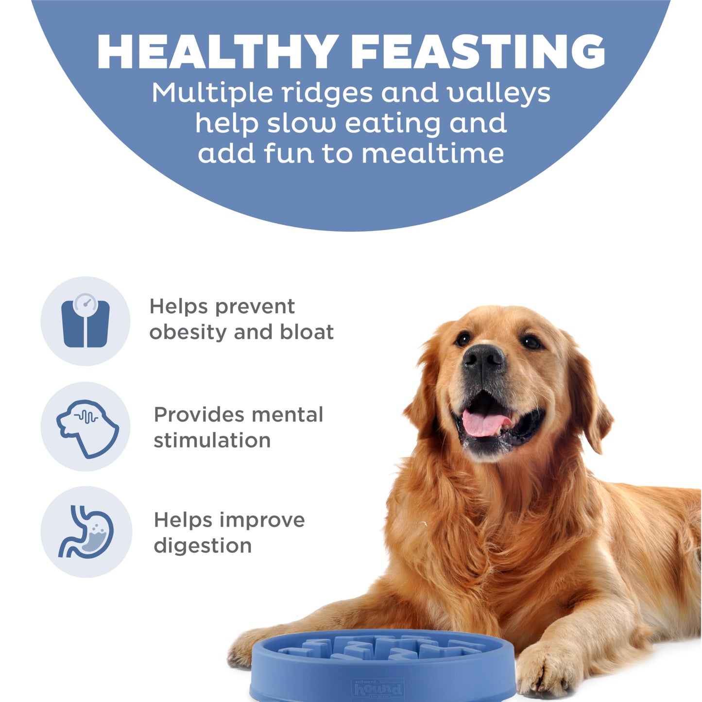 Outward Hound Slow Feeder Dog Bowl - Makes Meal Time Fun, Slows Down Eating, Promotes Healthy Digestion, Prevents Bloat | Slip Resistant and Durable, Food & Water Bowl, Size Large (Blue)