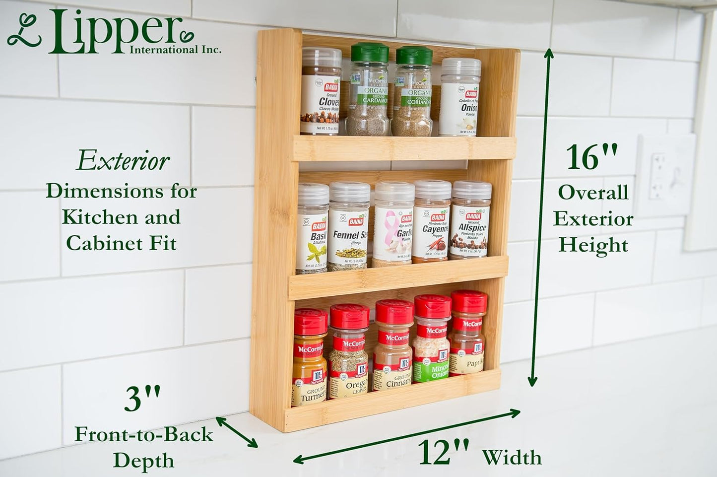 Lipper International Bamboo Wood 3-Tier Spice Rack 8840 - Space Saving 12" x 2.3" Vertical Storage for Spices or Craft Supplies - Attached Ring Hangers, Easy Hand Wash Maintenance