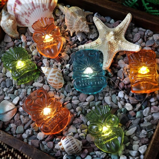 JASHIKA Tiki Mask String Lights USB Powered 20PCS 7FT, Tropical Hawaiian LED Fairy Lights with Remote and Optional Battery Box, Colorful 3D Mask Indoor Bar Dorm Bedroom Wall Shelf Party Decorations