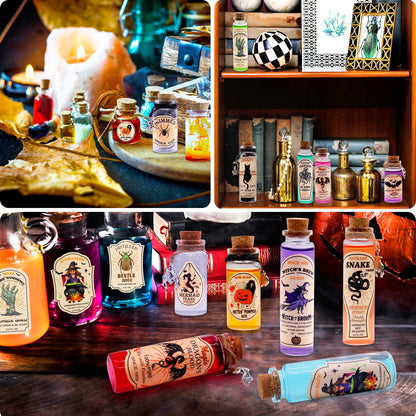 99 Pcs Apothecary Bottles Set with Halloween Stickers & Pendants - Tiered Tray Decor for Indoor Halloween Party Supplies