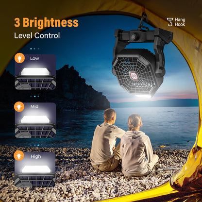 JINLICTE 10400mAh Solar Fan with LED Lantern, Camping Fan with Solar Panel, 7W Rechargeable Solar Powered for Outside, Quiet Battery Operated Tent for Picnic, Barbecue, Fishing, Travel