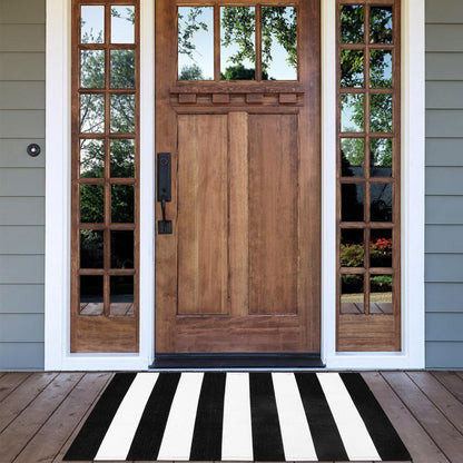 Collive Black and White Outdoor Striped Rug 24"x 51", Cotton Woven Fall Front Porch Rug Decor, Washable Farmhouse Layered Welcome Mat Outdoor for Kitchen Entryway Entrance Halloween