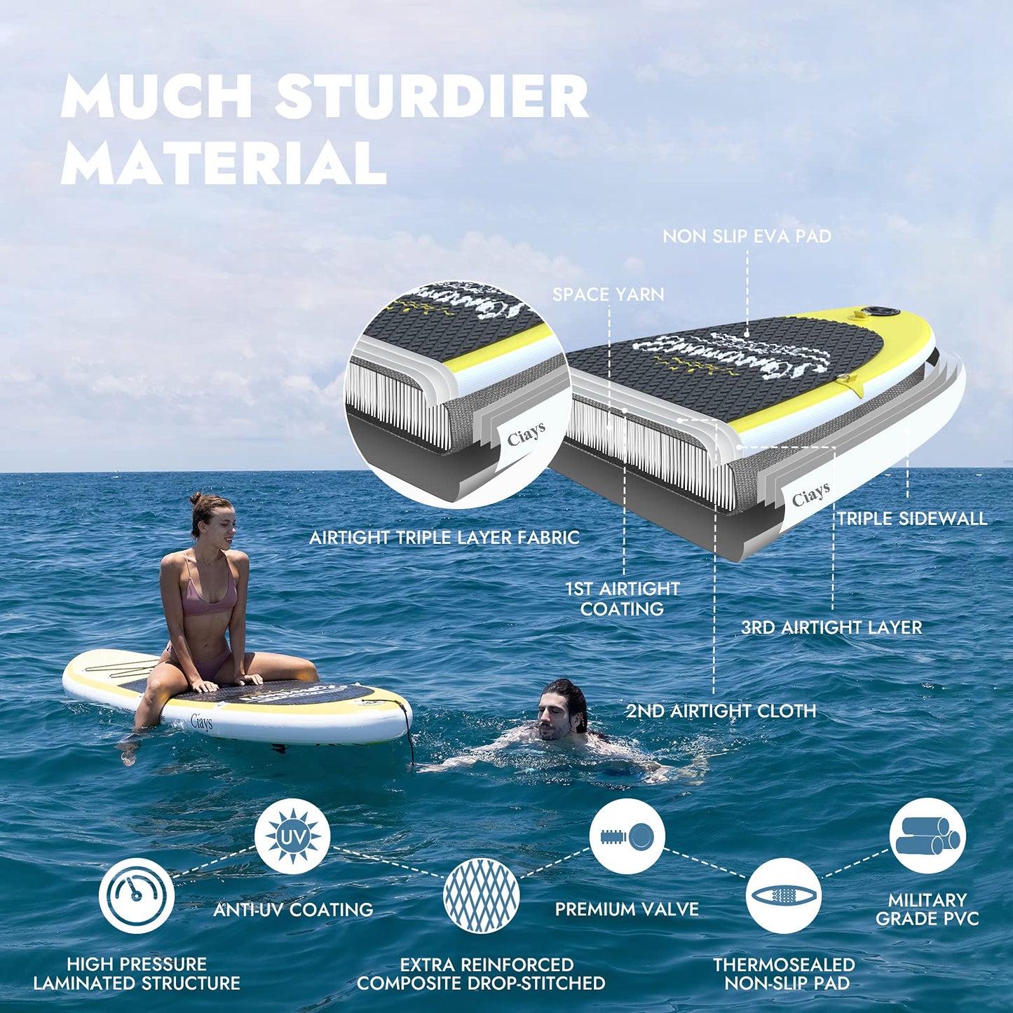 Ciays Inflatable Paddle Board with SUP Accessories of Backpack, 1 Fins, 2 Bags, Leash, Adjustable Paddles, Waterproof Bag, and Hand Pump, 10’5x30’’x6’’ Stand Up Paddleboard Yellow
