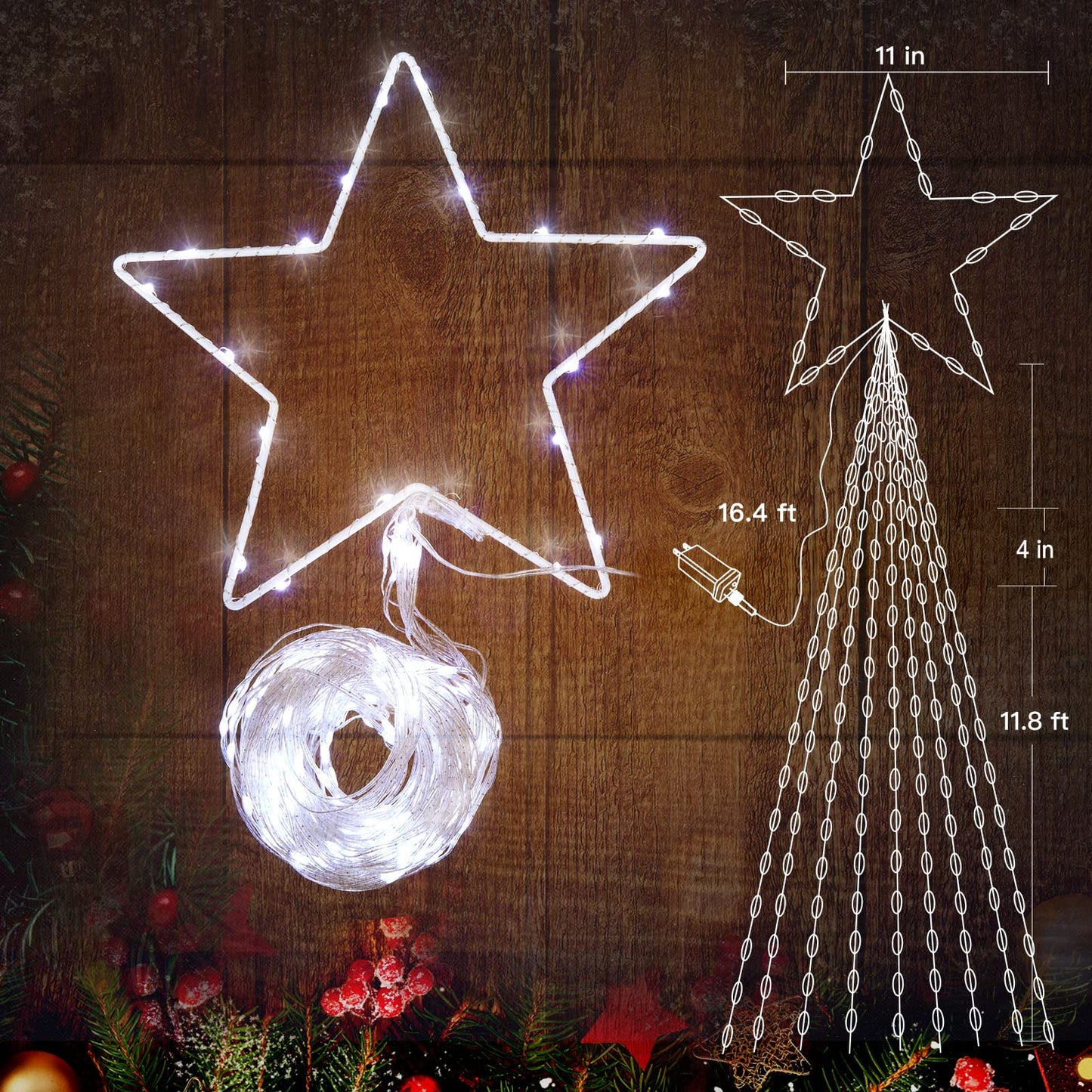 Christmas Decorations Star String Lights, 344 LED Waterfall Tree Lights with 11" Topper Iron Star Christmas Lights Indoor Outdoor Decorative for Wedding Party Home Holiday Decor (Pure White)
