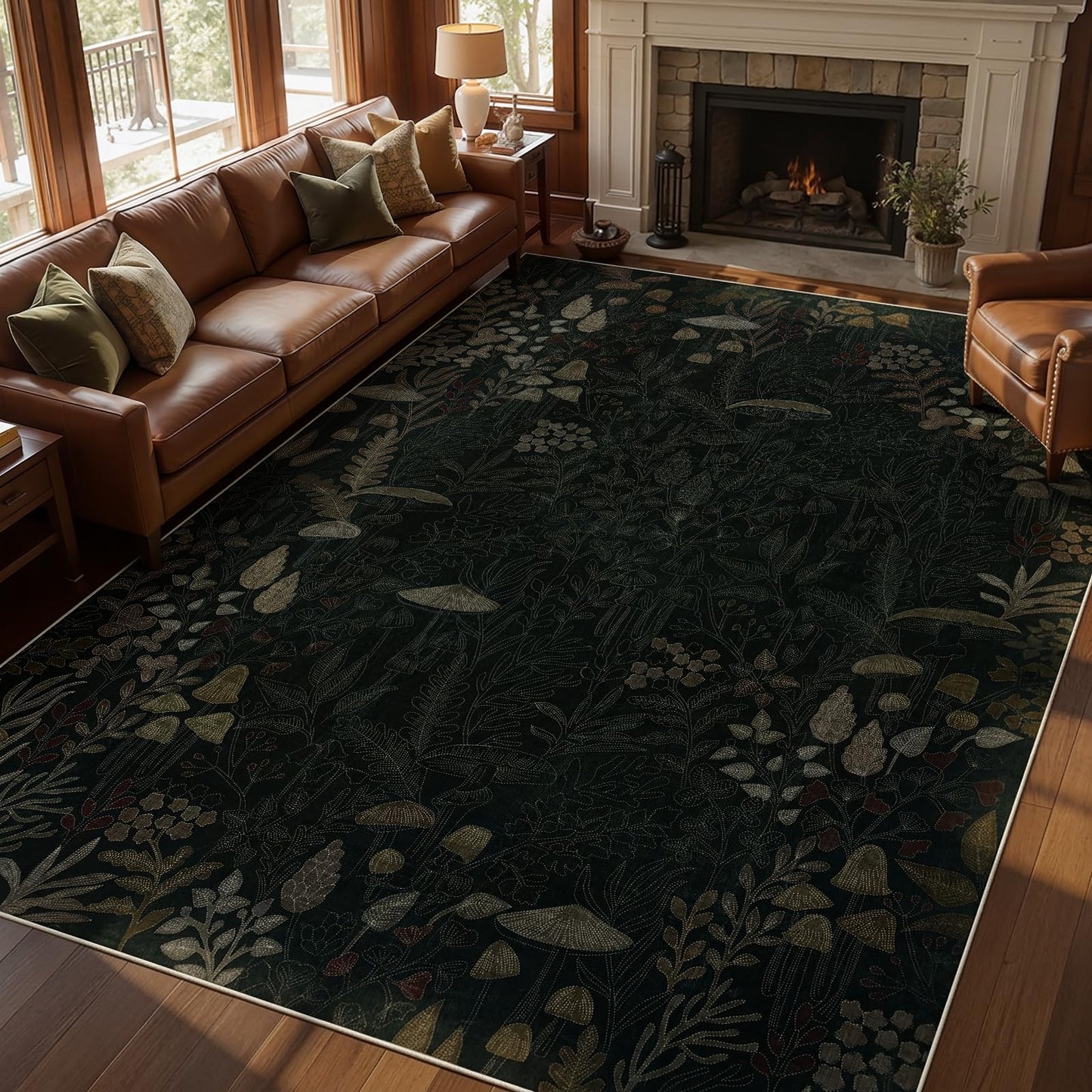 Joydeco Mushroom Washable 8x10 Area Rugs for Living Room, Boho Floral Bedroom Rug Non Slip, Soft Botanical Low-Pile Floor Indoor Throw Carpet for Dining Dorm Home Office, Black-Brown