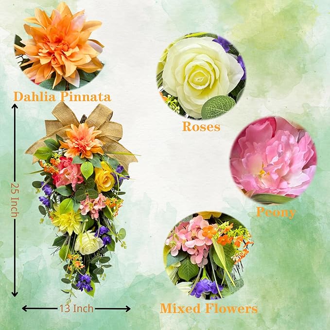 Spring Summer Floral Teardrop Swags Lighted Mixed Flower Teardrop Wreath with Dahlia Pinnata Peonies Rose Burlap Bow and Eucalyptus Leaves Floral Arrangement for Door Wall Mantel Window