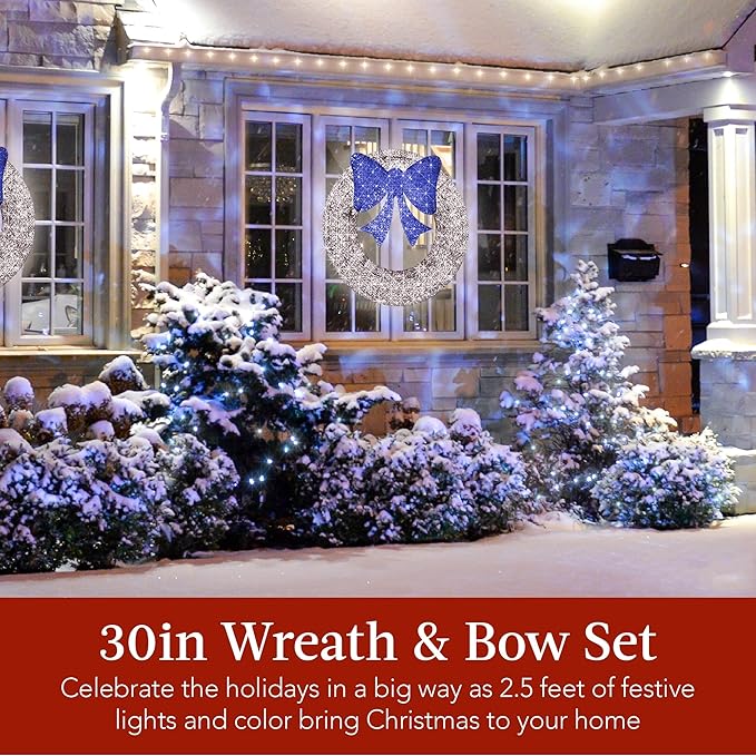 Best Choice Products 30in Pre-Lit Outdoor Christmas Wreath Decoration, LED Metal Holiday Decor for Home w/ 100 Lights, Bow - Hanukkah Silver/Blue