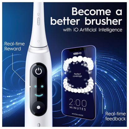 Oral-B iO8 Electric Toothbrushes For Adults, App Connected Handle, 1 Toothbrush Head & Travel Case, 6 Modes with Teeth Whitening, 2 Pin UK Plug, White