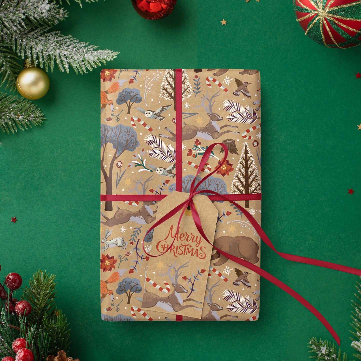 WRAPAHOLIC Kraft Christmas Wrapping Paper - Mini Roll - 17 Inch x 33 Feet - Christmas Animal Wrapping Paper and Tree Elements for Holiday, Party Celebration