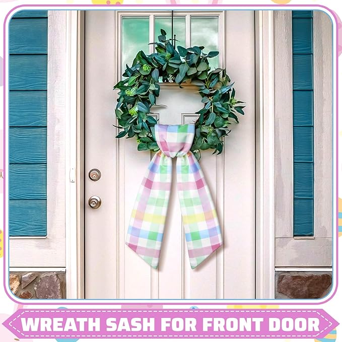 Wreath Sash for Front Door Wreath Satin Sash Blank Sashes Embroidery Monogram Yard Doorway Indoor Outdoor Wall Ribbon Bow Home Decor(Pastel,Easter Buffalo Plaid)