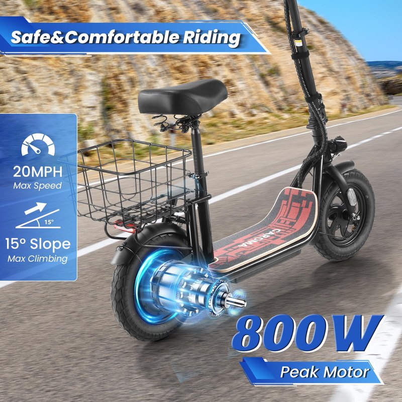 Caroma Peak 1200W Electric Scooter with Seat, 30 Miles Max Range, Electric Scooter Adults, Up to 20MPH Foldable Escooter with Basket,Key Start Adjustable E-Scooter,Classic White